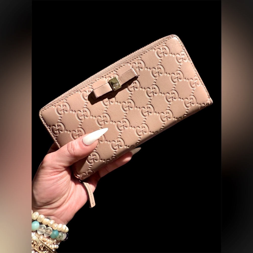 Gucci Guccisima GG Leather Zip Around Wallet Blush Pink Zippy Continental Bow - Picture 16 of 16